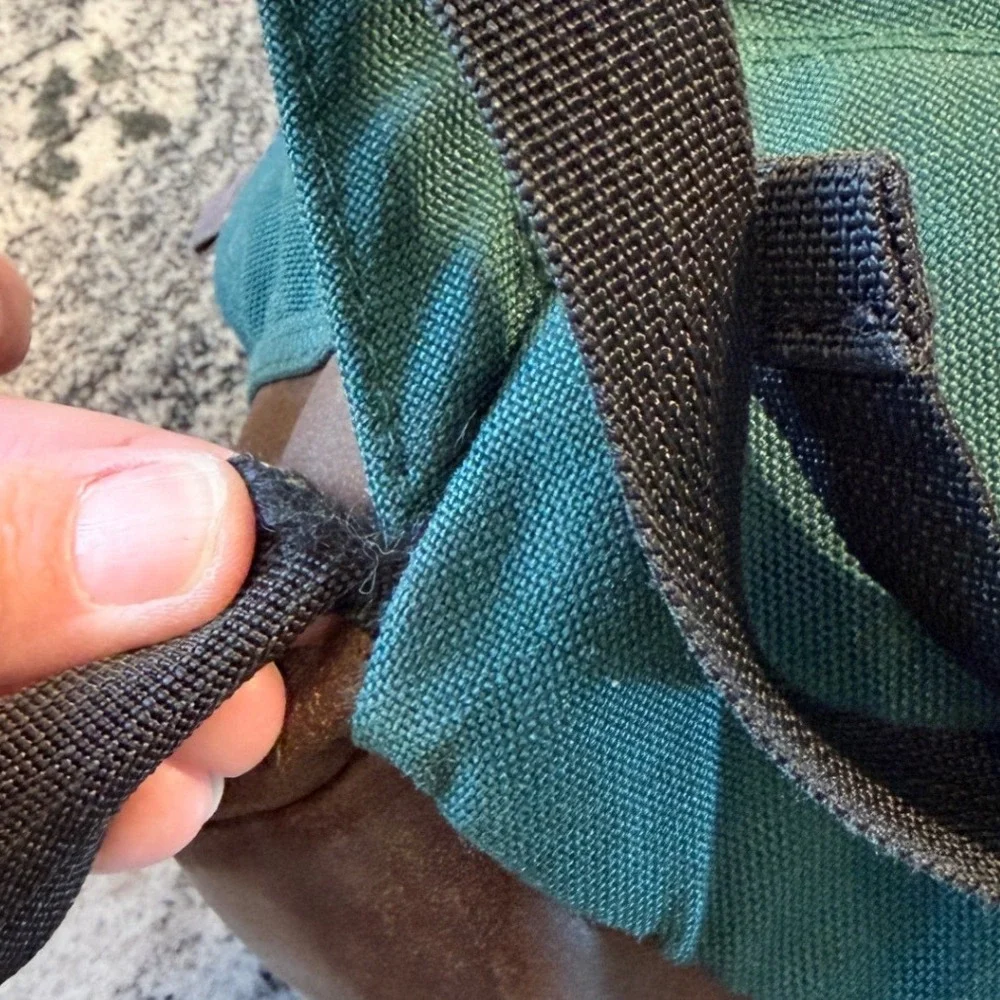 Vintage Eddie Bauer Green Nylon Canvas Backpack Leather Bottom Daypack Bag
